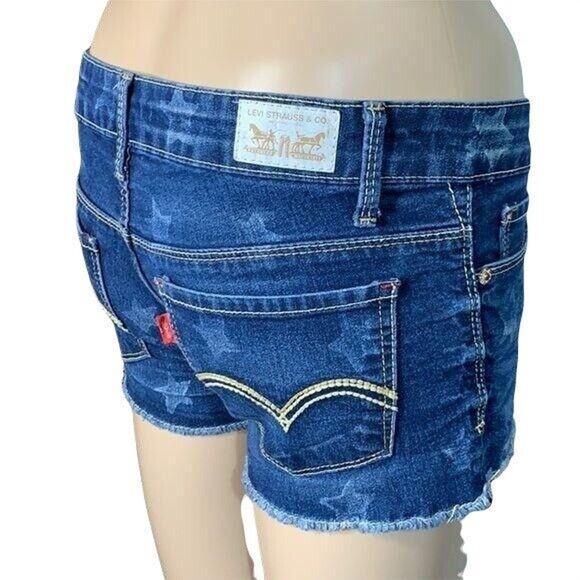 Levis Womens Denim Blue Jean Shorts Star Print Raw Hem Shorty Short Size 0 - Picture 6 of 10
